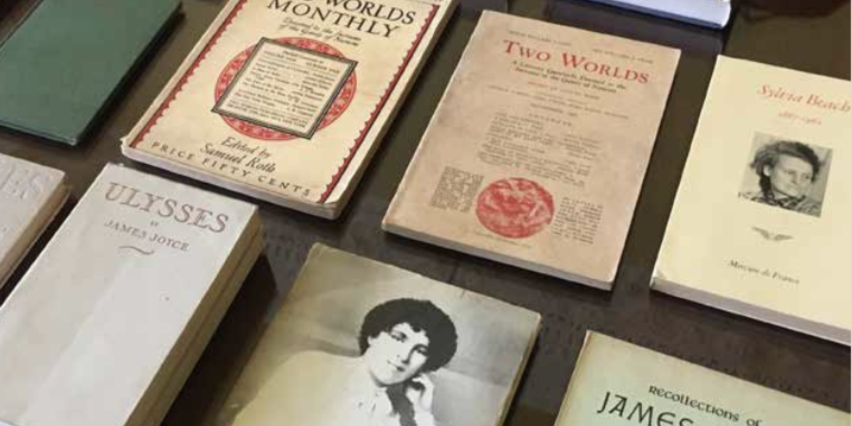 Photograph of several books related to James Joyce and Sylvia Beach.