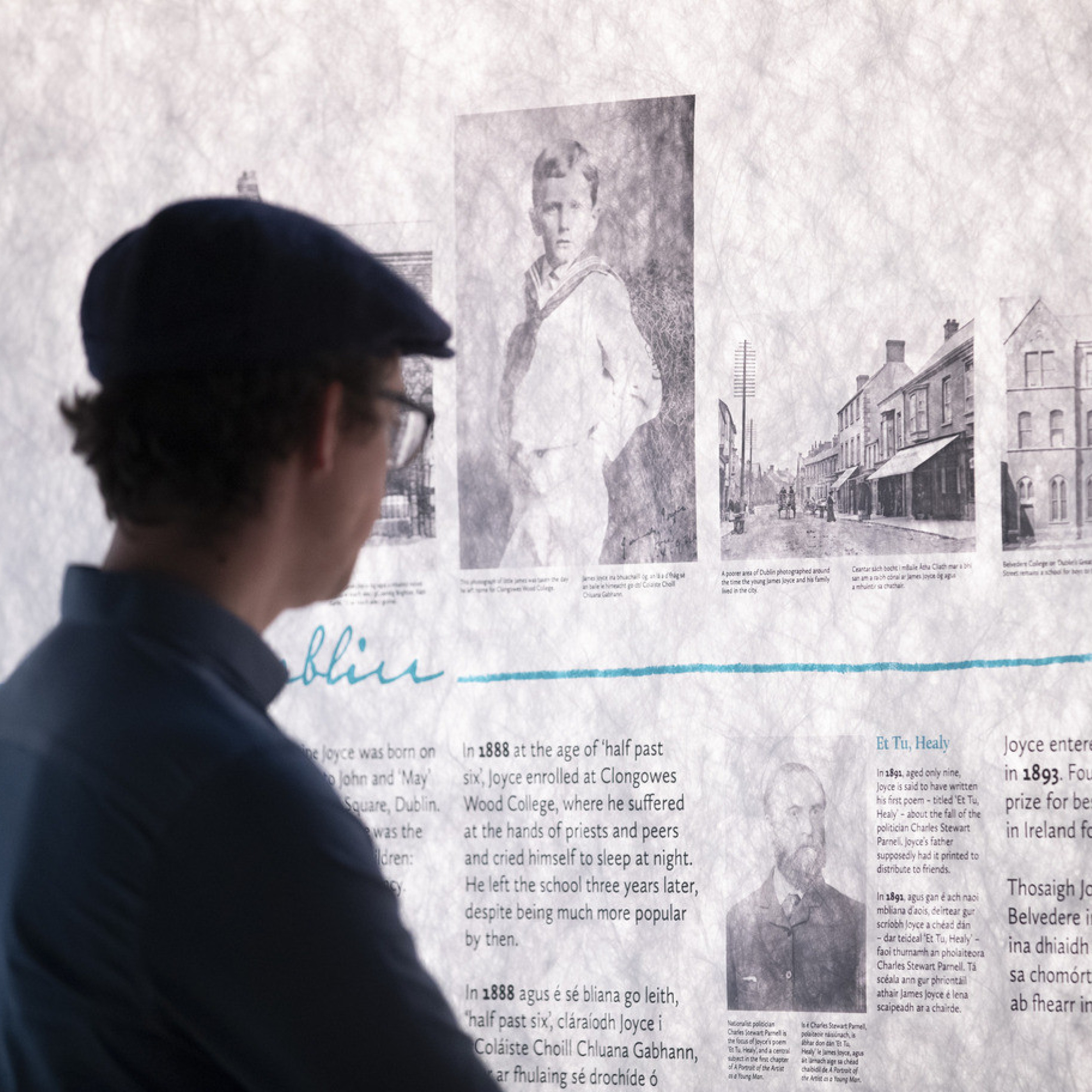 Photograph of a man looking at a timeline of James Joyce's life in the 'Dear, Dirty Dublin' exhibition of MoLI.