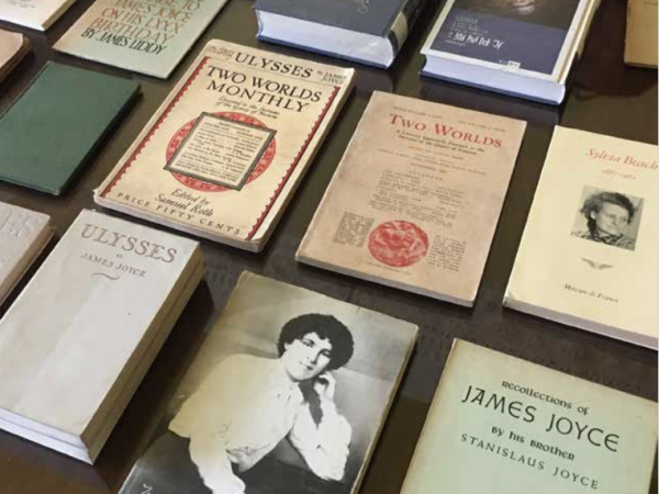Photograph of several books related to James Joyce and Sylvia Beach.