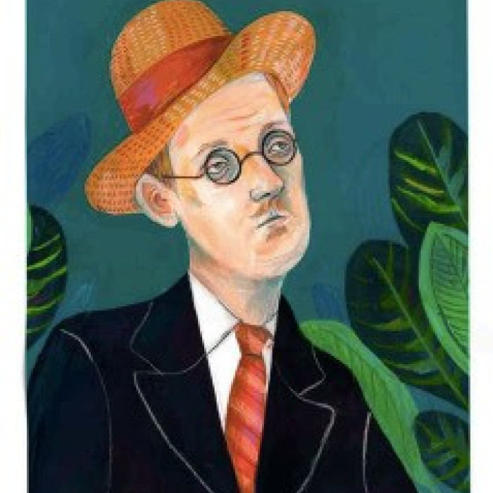 Photograph of a postcard depicting a stylised James Joyce.