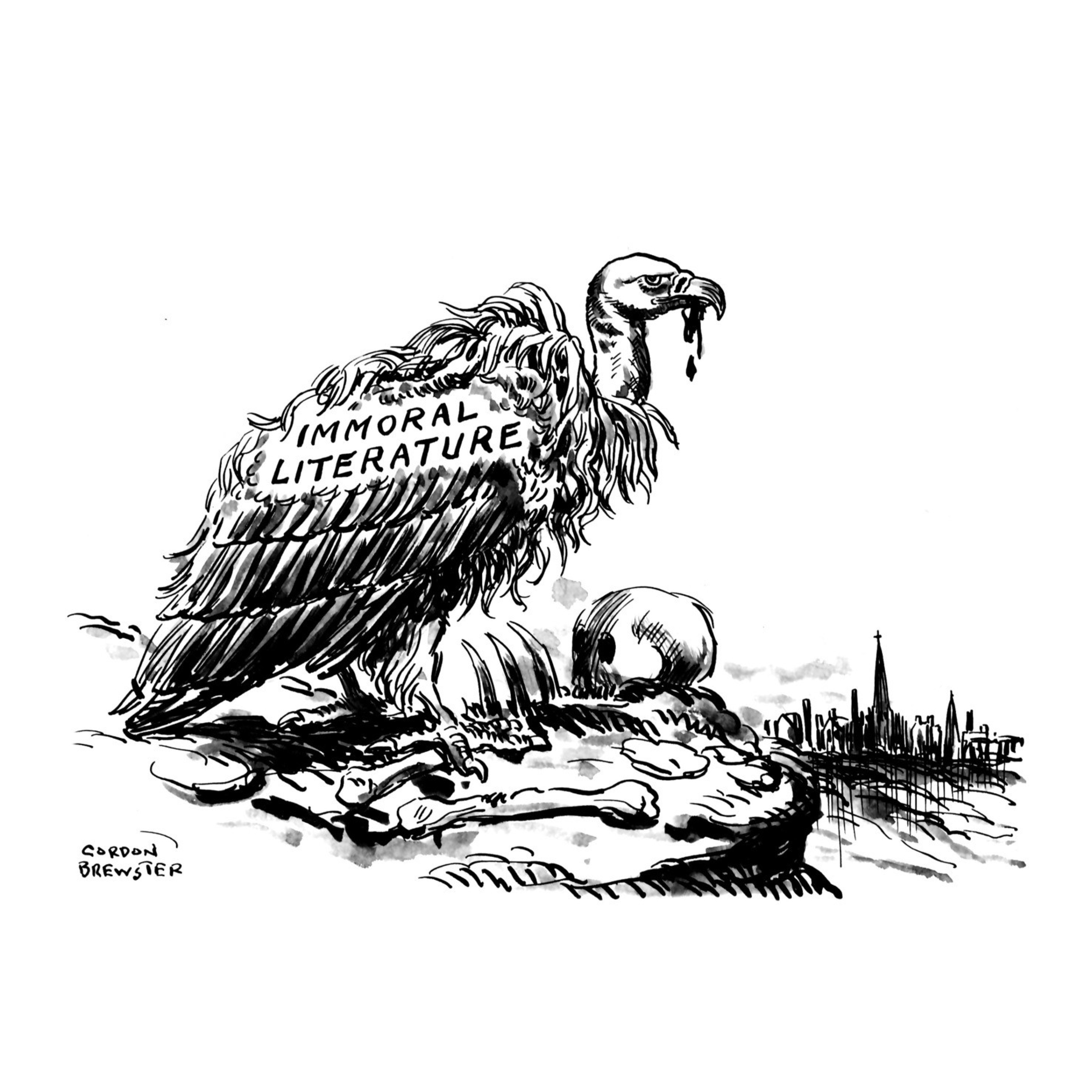 Illustration of a vulture perched over a skull and bones, with the words 'Immoral Literature' on its body.